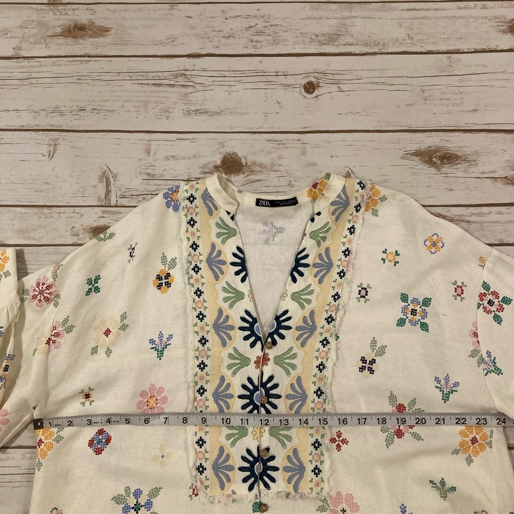 ZARA Oversized Linen Blend Floral Print MIDI  Kaftan Dress White Large - Picture 4 of 13